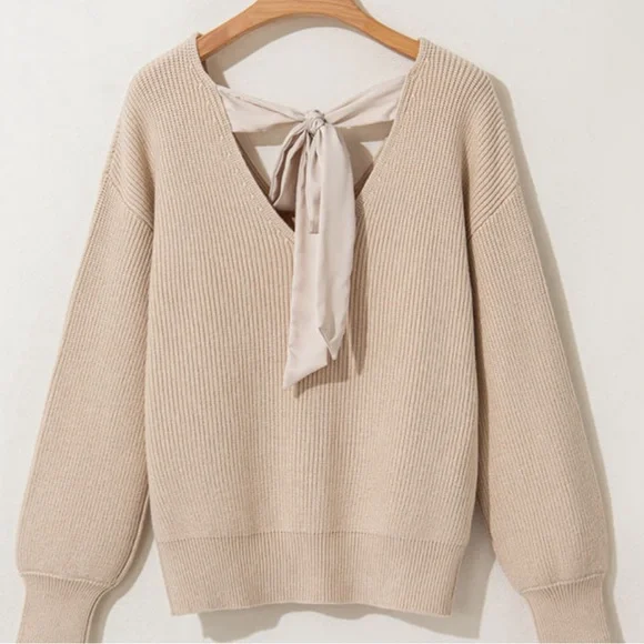 Apricot Lantern Sleeve V Neck Satin Bow Back Sweater - Picture 3 of 5